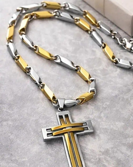 Colier Barbati Si Cruciulita, Bijuterie Placata Aur Si Inox , Inspiratie Versace - Alb -auriu