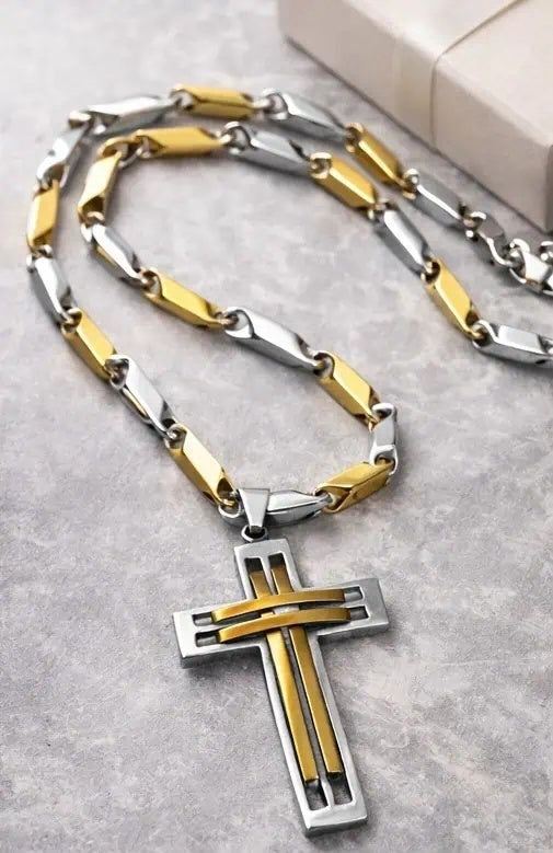 Colier Barbati Si Cruciulita, Bijuterie Placata Aur Si Inox , Inspiratie Versace - Alb -auriu