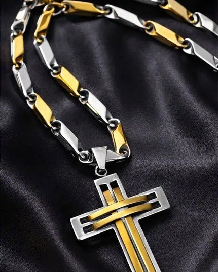 Colier Barbati Si Cruciulita, Bijuterie Placata Aur Si Inox , Inspiratie Versace - Alb -auriu