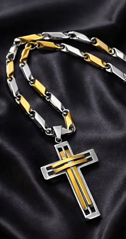 Colier Barbati Si Cruciulita, Bijuterie Placata Aur Si Inox , Inspiratie Versace - Alb -auriu