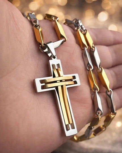 Colier Barbati Si Cruciulita, Bijuterie Placata Aur Si Inox , Inspiratie Versace - Alb -auriu