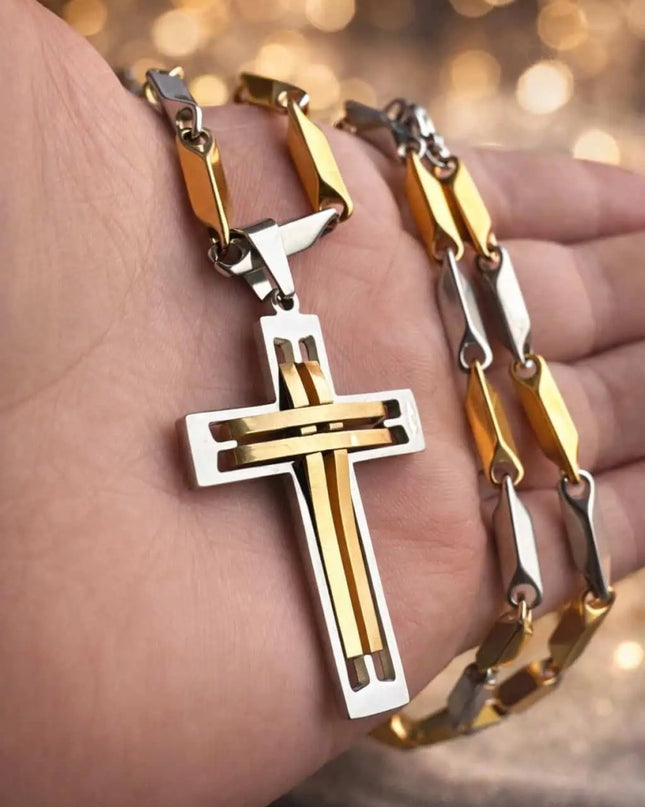 Colier Barbati Si Cruciulita, Bijuterie Placata Aur Si Inox , Inspiratie Versace - Alb -auriu