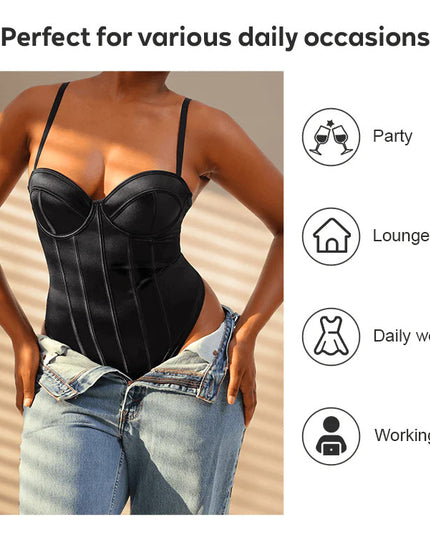 Corset Body Modelator Tanga Cu Sutien Incorporat din Satin Luxos Strălucitor Negru