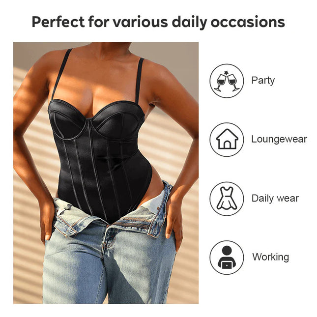 Corset Body Modelator Tanga Cu Sutien Incorporat din Satin Luxos Strălucitor Negru