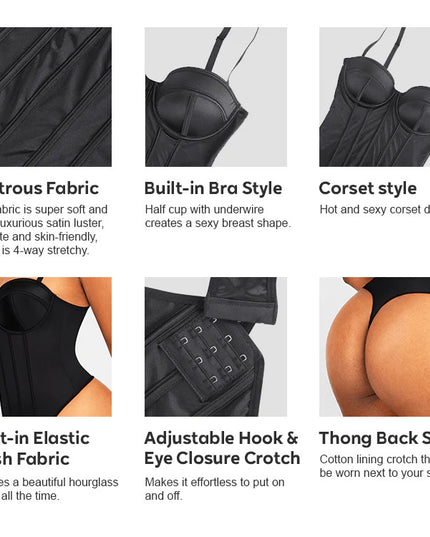 Corset Body Modelator Tanga Cu Sutien Incorporat din Satin Luxos Strălucitor Negru