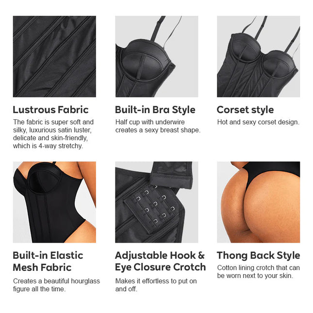 Corset Body Modelator Tanga Cu Sutien Incorporat din Satin Luxos Strălucitor Negru
