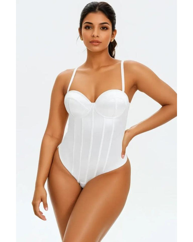 Corset Body Modelator Tanga Cu Sutien Incorporat din Satin Luxos Strălucitor Alb
