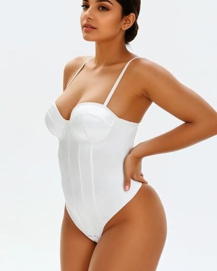 Corset Body Modelator Tanga Cu Sutien Incorporat din Satin Luxos Strălucitor Alb