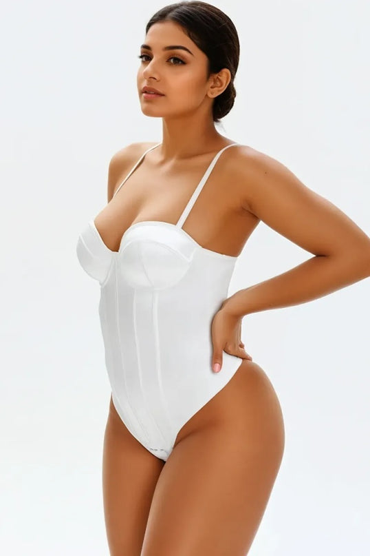 Corset Body Modelator Tanga Cu Sutien Incorporat din Satin Luxos Strălucitor Alb