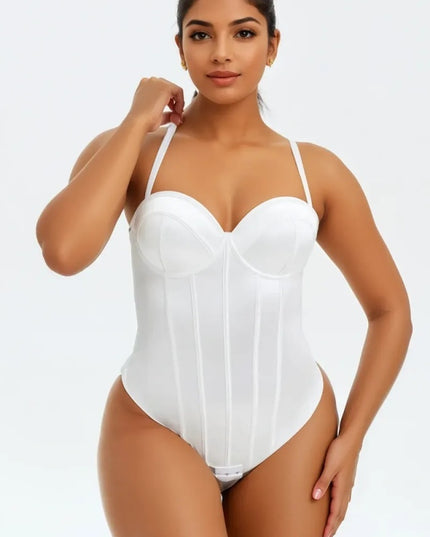 Corset Body Modelator Tanga Cu Sutien Incorporat din Satin Luxos Strălucitor Alb