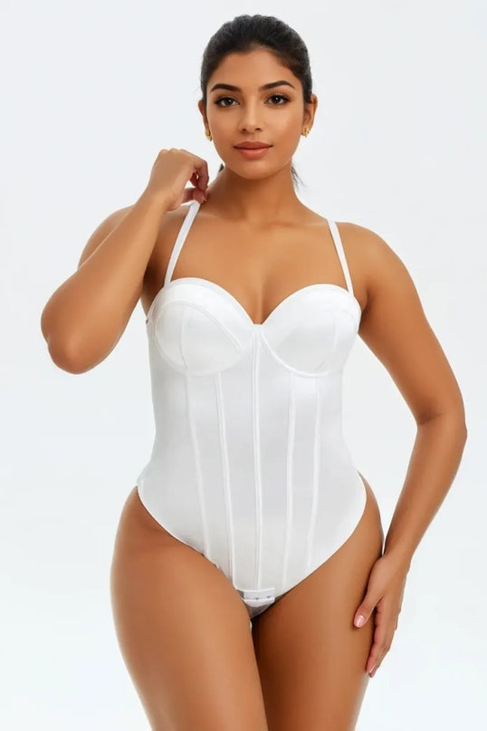 Corset Body Modelator Tanga Cu Sutien Incorporat din Satin Luxos Strălucitor Alb