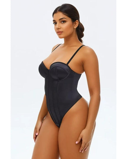 Corset Body Modelator Tanga Cu Sutien Incorporat din Satin Luxos Strălucitor Negru