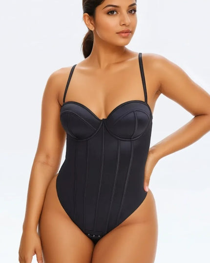 Corset Body Modelator Tanga Cu Sutien Incorporat din Satin Luxos Strălucitor Negru