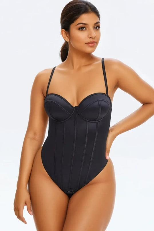 Corset Body Modelator Tanga Cu Sutien Incorporat din Satin Luxos Strălucitor Negru