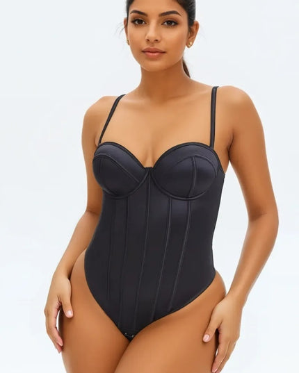 Corset Body Modelator Tanga Cu Sutien Incorporat din Satin Luxos Strălucitor Negru
