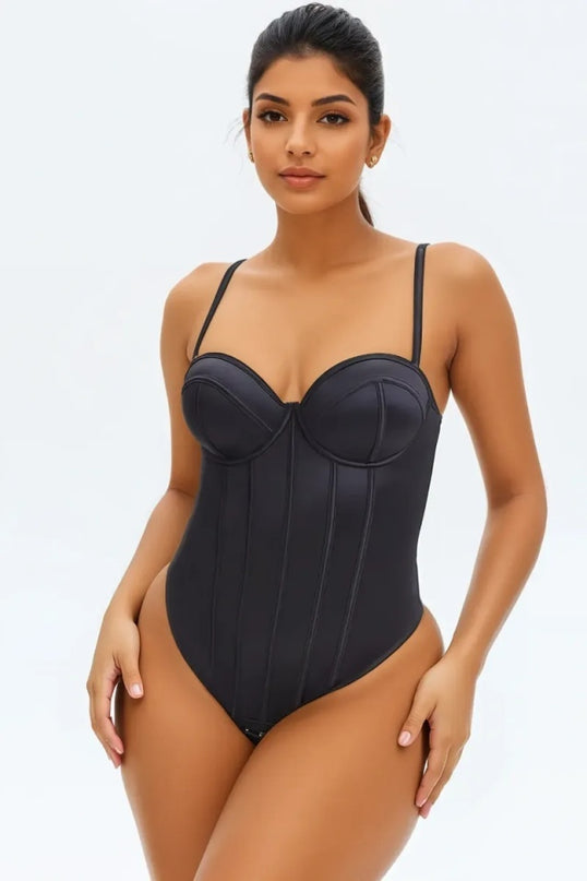 Corset Body Modelator Tanga Cu Sutien Incorporat din Satin Luxos Strălucitor Negru