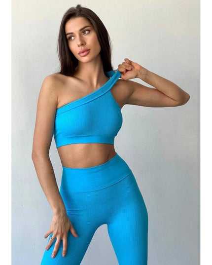 Costum Fitness Albastru din Două Piese, Top Asimetric și Colanți, Design Modern și Funcțional efect Push-up