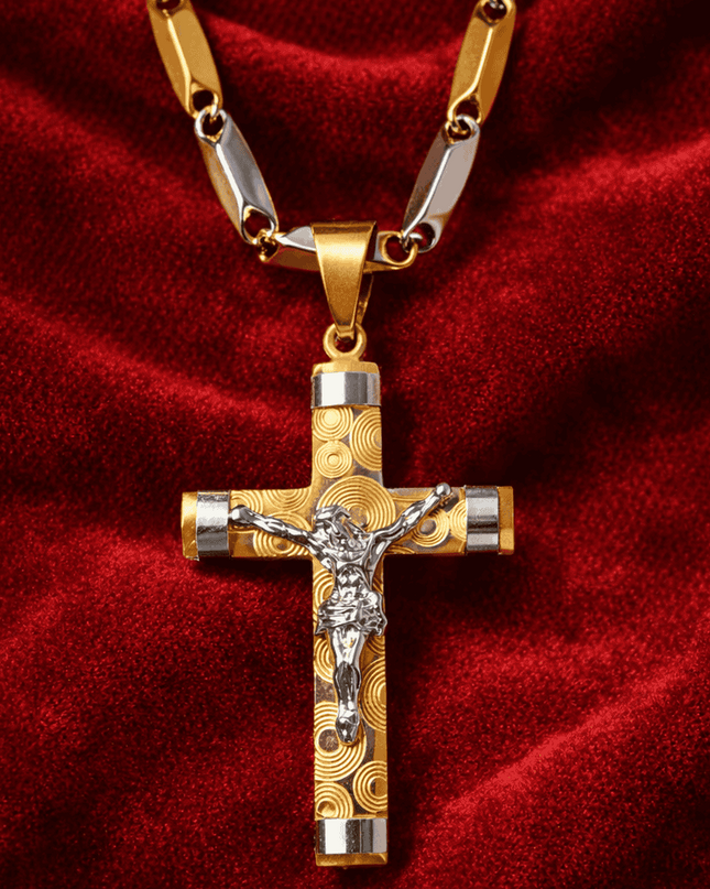 Lant Barbatesc cu Cruce si Iisus, Otel Inoxidabil Placat cu Aur 14k, Pandantiv Crucifix Doua Culori Auriu si Argintiu, Colier Elegant