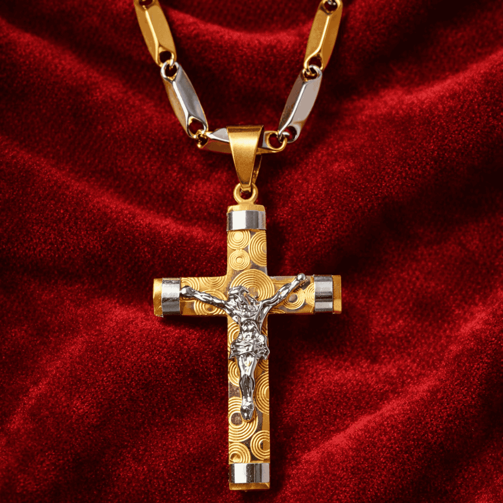 Lant Barbatesc cu Cruce si Iisus, Otel Inoxidabil Placat cu Aur 14k, Pandantiv Crucifix Doua Culori Auriu si Argintiu, Colier Elegant