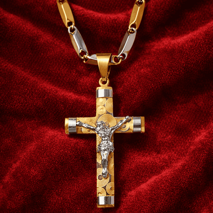 Lant Barbatesc cu Cruce si Iisus, Otel Inoxidabil Placat cu Aur 14k, Pandantiv Crucifix Doua Culori Auriu si Argintiu, Colier Elegant