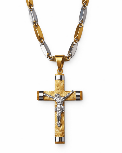 Lant Barbatesc cu Cruce si Iisus, Otel Inoxidabil Placat cu Aur 14k, Pandantiv Crucifix Doua Culori Auriu si Argintiu, Colier Elegant