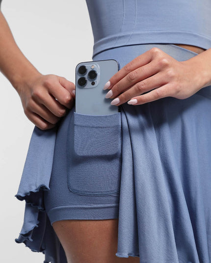 Fusta Albastra Fitness cu Volane si Pantaloni Scuti Incorporați, Design 2 in 1, cu Buzunar Lateral și Talie Elastica