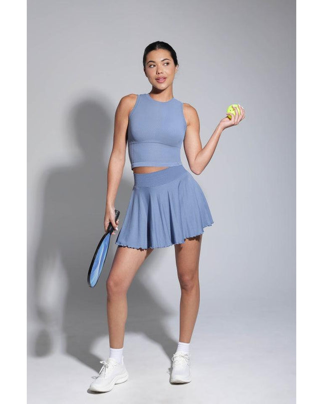 Fusta Albastra Fitness cu Volane si Pantaloni Scuti Incorporați, Design 2 in 1, cu Buzunar Lateral și Talie Elastica