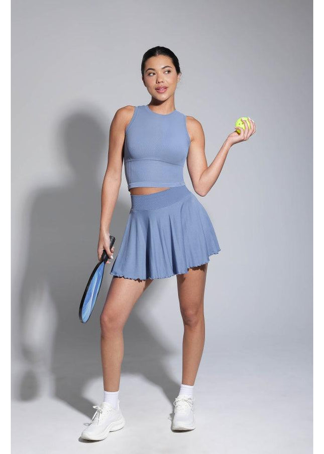 Fusta Albastra Fitness cu Volane si Pantaloni Scuti Incorporați, Design 2 in 1, cu Buzunar Lateral și Talie Elastica