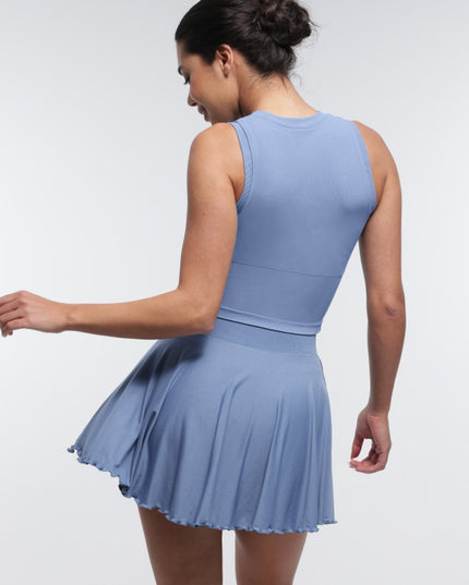 Fusta Albastra Fitness cu Volane si Pantaloni Scuti Incorporați, Design 2 in 1, cu Buzunar Lateral și Talie Elastica