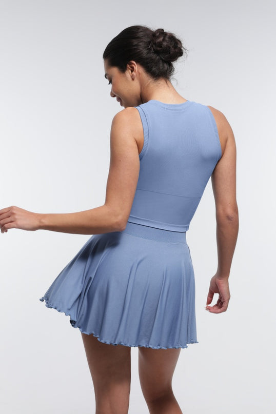 Fusta Albastra Fitness cu Volane si Pantaloni Scuti Incorporați, Design 2 in 1, cu Buzunar Lateral și Talie Elastica