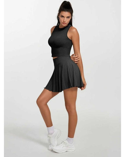 Fusta Negra Fitness cu Volane si Pantaloni Scuti Incorporați, Design 2 in 1, Perfecta Pentru Andtrenament