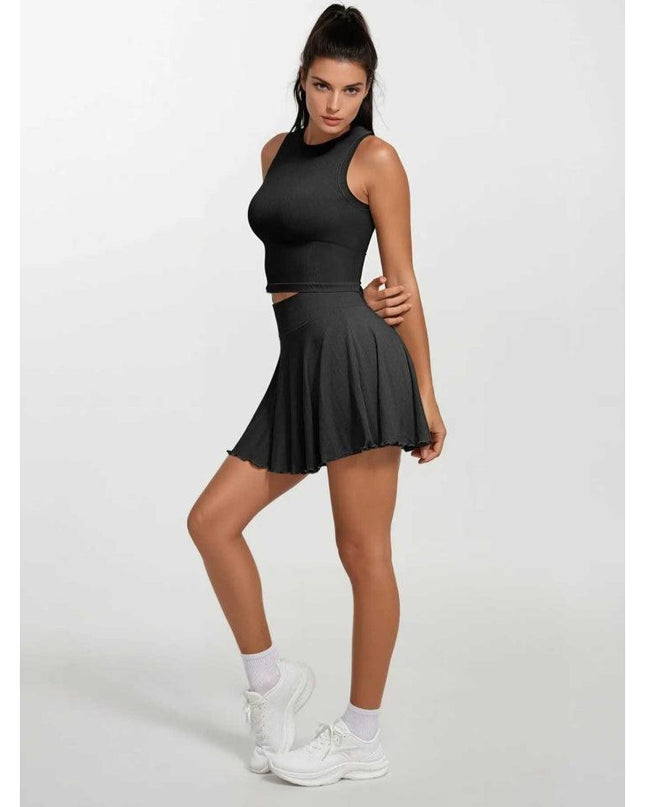 Fusta Negra Fitness cu Volane si Pantaloni Scuti Incorporați, Design 2 in 1, Perfecta Pentru Andtrenament