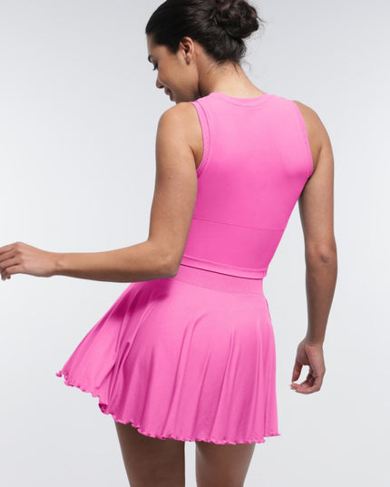 Fusta Roz Fitness cu Volane si Pantaloni Scuti Incorporați, Design 2 in 1, cu Buzunar Lateral perfecta pentru antrenament
