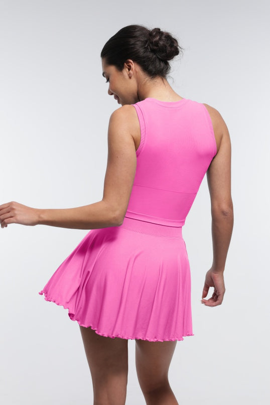 Fusta Roz Fitness cu Volane si Pantaloni Scuti Incorporați, Design 2 in 1, cu Buzunar Lateral perfecta pentru antrenament