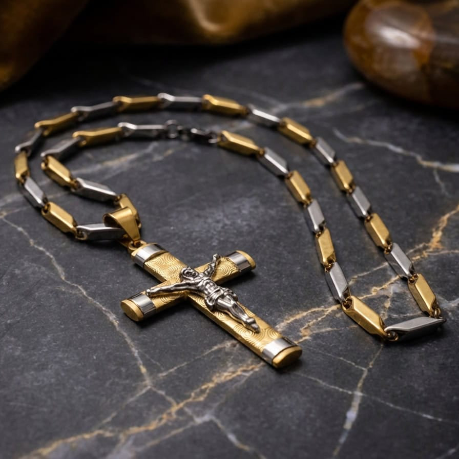 Lant Barbatesc cu Cruce si Iisus, Otel Inoxidabil Placat cu Aur 14k, Pandantiv Crucifix Doua Culori Auriu si Argintiu, Colier Elegant