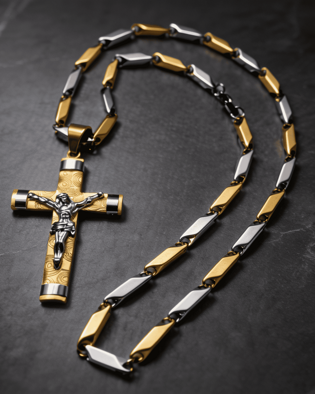 Lant Barbatesc cu Cruce si Iisus, Otel Inoxidabil Placat cu Aur 14k, Pandantiv Crucifix Doua Culori Auriu si Argintiu, Colier Elegant