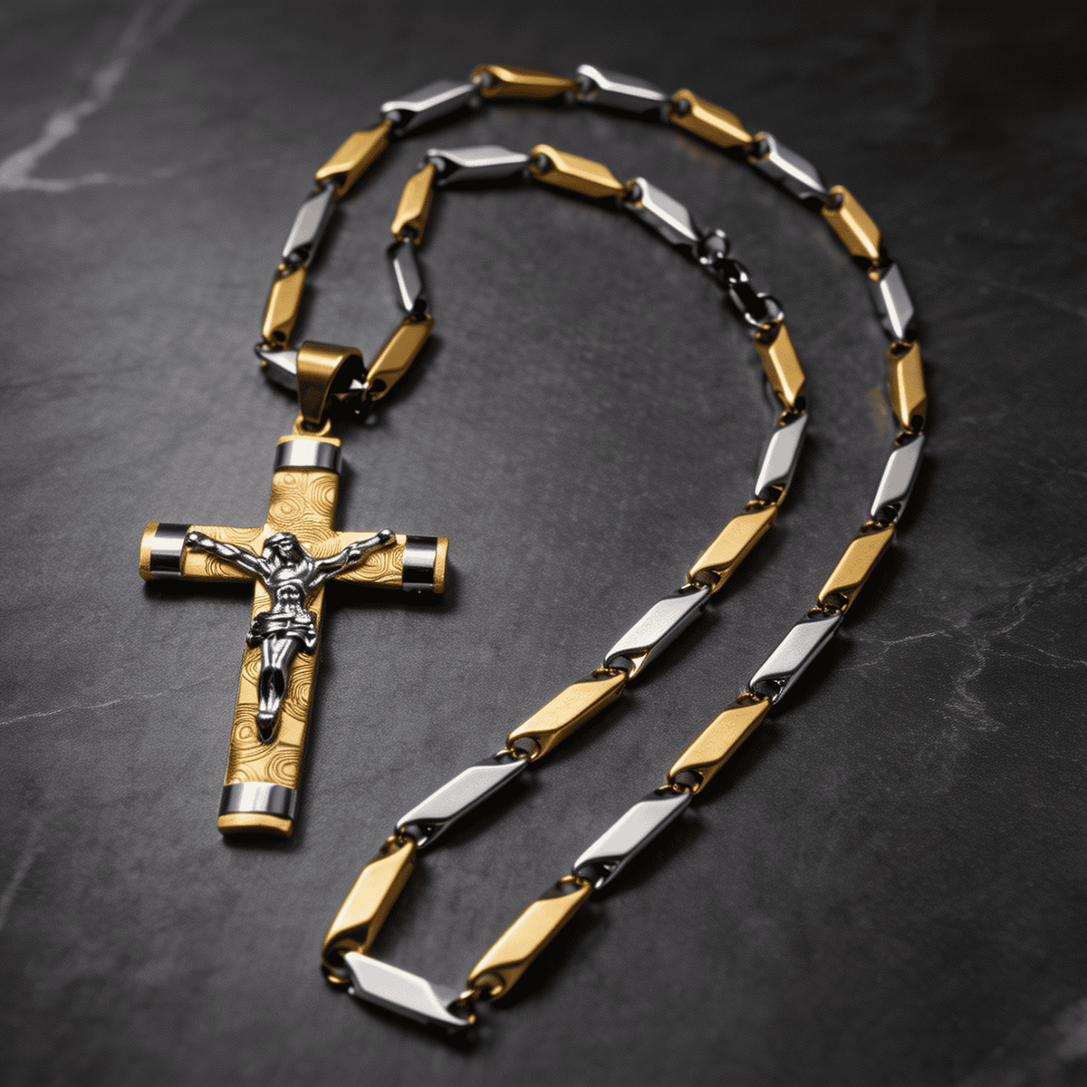 Lant Barbatesc cu Cruce si Iisus, Otel Inoxidabil Placat cu Aur 14k, Pandantiv Crucifix Doua Culori Auriu si Argintiu, Colier Elegant