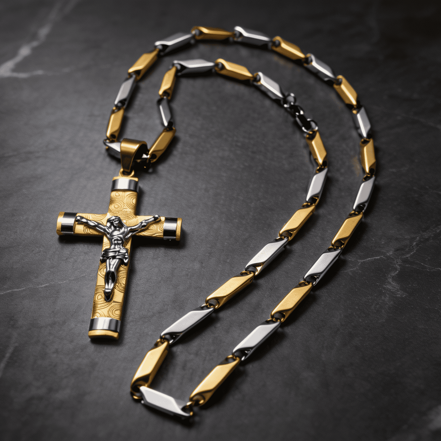 Lant Barbatesc cu Cruce si Iisus, Otel Inoxidabil Placat cu Aur 14k, Pandantiv Crucifix Doua Culori Auriu si Argintiu, Colier Elegant