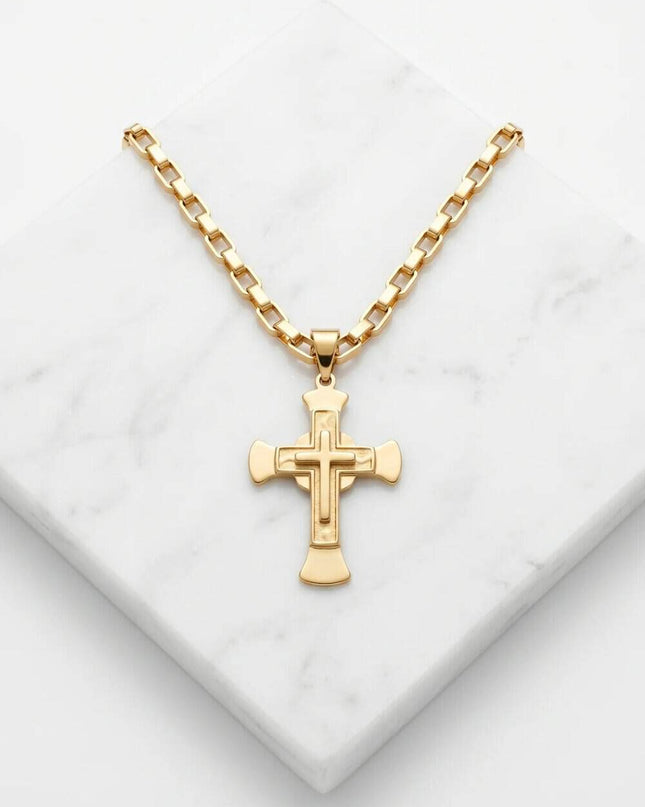 Lant Byzantine Inox Placat Cu Aur + Cruce Masiva Barbateasc
