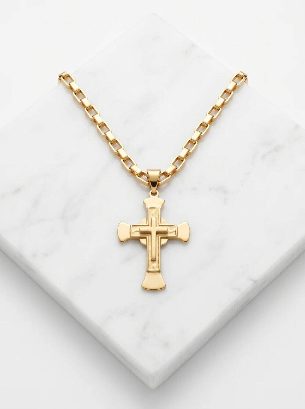 Lant Byzantine Inox Placat Cu Aur + Cruce Masiva Barbateasc