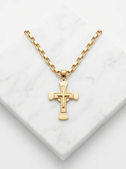 Lant Byzantine Inox Placat Cu Aur + Cruce Masiva Barbateasc