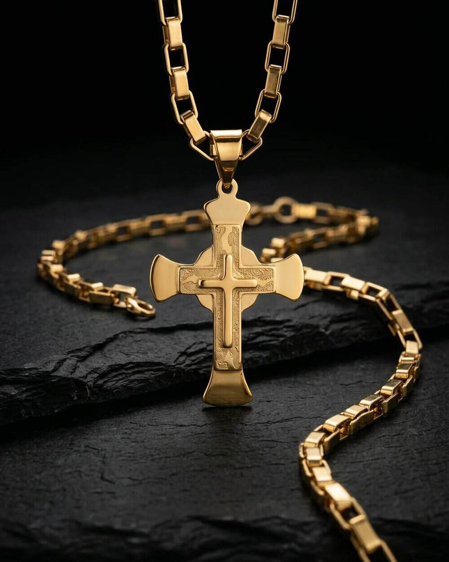 Lant Byzantine Inox Placat Cu Aur + Cruce Masiva Barbateasc