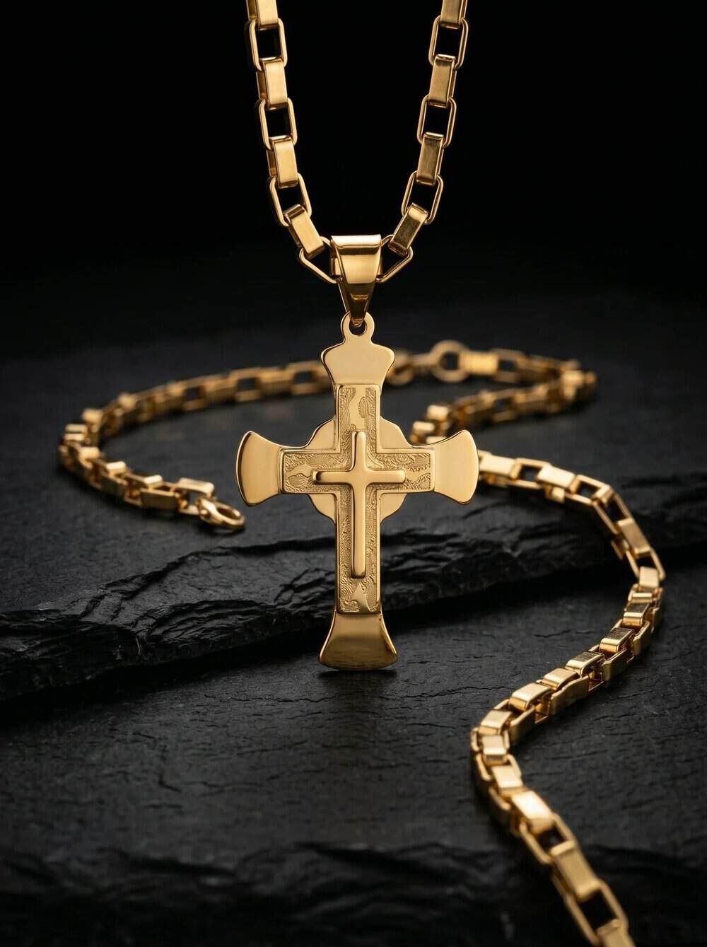 Lant Byzantine Inox Placat Cu Aur + Cruce Masiva Barbateasc