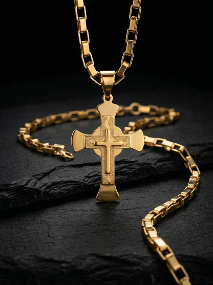 Lant Byzantine Inox Placat Cu Aur + Cruce Masiva Barbateasc