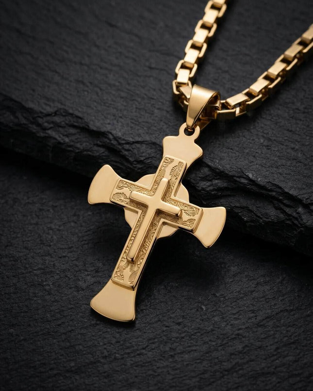 Lant Byzantine Inox Placat Cu Aur + Cruce Masiva Barbateasc