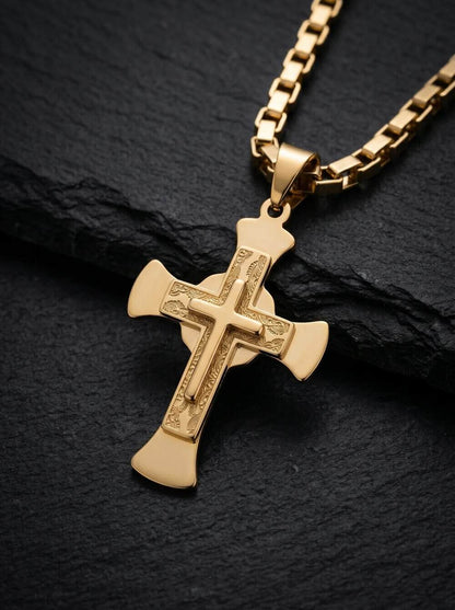 Lant Byzantine Inox Placat Cu Aur + Cruce Masiva Barbateasc