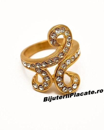 Stelvio Inel Inox Aurit cu --ZIRCONII-- albe IF536 Premium , Oferta