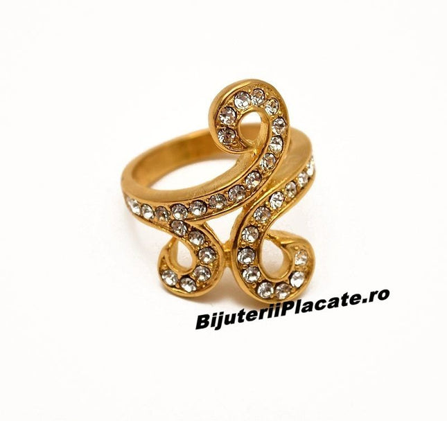 Stelvio Inel Inox Aurit cu --ZIRCONII-- albe IF536 Premium , Oferta