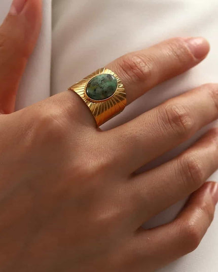 Stelvio Inel Vintage Femei, Placat Aur 14K, Model Retro Elegant Cu Piatra Naturala Verde IF628F Premium , Oferta