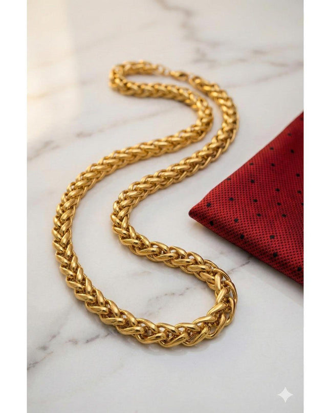 Lant Barbatesc Masiv Placat Cu Aur 18k, Model Impletitura Spiga De Lux, Grosime 9mm Si Lungime 60cm, Bijuterie Statement Din Otel Inoxidabil De